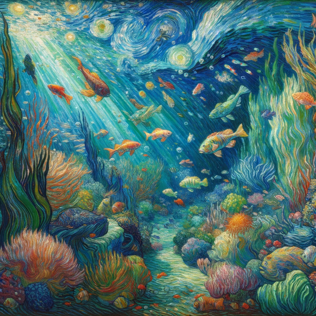 DALL·E 2024-01-12 03.26.21 - A Van Gogh-style painting depicting an underwater scene. The artwork shows a mesmerizing underwater world, teeming with marine life. Colorful fish of 